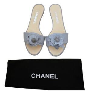 Chanel Blue Gray Leather CC Logo Camellia Flat Slide Sandals IT 36 US 5.5